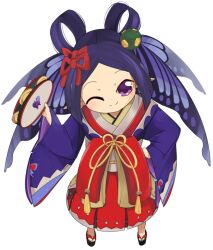 Rule 34 | 1girl, blush, butterfly wings, closed mouth, commentary request, full body, hair ribbon, hair rings, head wings, holding, holding instrument, insect wings, instrument, japanese clothes, kimono, kochou no sei (onmyoji), lets0020, long hair, looking at viewer, okobo, one eye closed, onmyoji, parted bangs, pointy ears, purple eyes, purple hair, purple wings, red ribbon, red skirt, ribbon, sandals, simple background, skirt, smile, solo, standing, tambourine, white background, white kimono, wide sleeves, wings