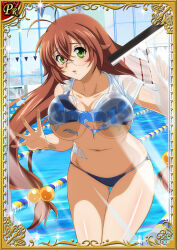 Rule 34 | 1girl, against glass, bikini, blue bikini, breast press, breasts, breasts squeezed together, brown hair, card (medium), day, embarrassed, glasses, green eyes, hair ornament, ikkitousen, large breasts, long hair, looking at viewer, micro bikini, official art, open mouth, ryuubi gentoku, shiny skin, shirt, solo, swimsuit, thong, thong bikini, torn clothes, torn shirt, very long hair, water, wet, wet clothes, wet shirt