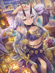 Rule 34 | 1girl, armpits, arms up, bare shoulders, belt, bouquet, braid, breasts, candle, crop top, cutlass, dancer, detached sleeves, dusk, earrings, fate/grand order, fate (series), flower, hair between eyes, highres, hoop earrings, horns, jewelry, lamp, long hair, long sleeves, looking at viewer, midriff, oni horns, outdoors, purple shirt, purple skirt, red eyes, revealing clothes, see-through, sheath, shirt, silver hair, single braid, skirt, small breasts, smile, solo, standing, stomach, sword, tomoe gozen (fate), tomoe gozen (swimsuit saber) (fate), tomoe gozen (swimsuit saber) (second ascension) (fate), torino aqua, very long hair, weapon, wide sleeves
