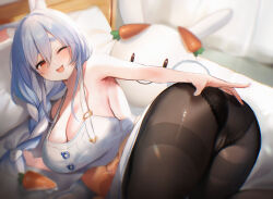 Rule 34 | 1girl, animal ear fluff, animal ears, ass, black pantyhose, blue hair, blush, braid, breasts, cleavage, commentary, english commentary, highres, hololive, large breasts, long hair, maru ccy, mature female, multicolored hair, one eye closed, open mouth, pantyhose, pekomama, rabbit ears, rabbit girl, smile, thick eyebrows, virtual youtuber, white hair