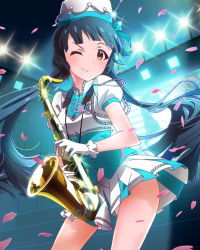 Rule 34 | 10s, 1girl, ;), artist request, blue hair, brown eyes, gloves, hat, idolmaster, idolmaster million live!, instrument, kitakami reika, long hair, looking at viewer, official art, one eye closed, petals, saxophone, skirt, smile, stage lights, twintails, uniform, wink