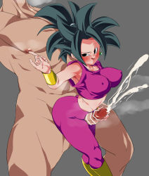 Rule 34 | 1girl, arched back, ass, bar censor, bent over, big hair, black eyes, black hair, blush, bouncing breasts, breasts, censored, clothed female nude male, covered erect nipples, cum, dragon ball, dragon ball super, earrings, ejaculation, grey background, groin, hand up, handjob, jewelry, kefla (dragon ball), large breasts, legs, legs apart, legs together, looking back, midriff, naughty face, nipple stimulation, nipple tweak, nude, open mouth, orgasm, penis, rom (20), simple background, sleeveless, solo focus, spiked hair, standing, thigh sex, thighs