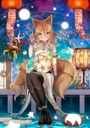 Rule 34 | 1girl, animal, animal ears, black thighhighs, blonde hair, breasts, china dress, chinese clothes, commentary request, dress, flower, fox, fox ears, fox shadow puppet, fox tail, full body, hair between eyes, highres, kudamaki tsukasa, large breasts, liya, looking at viewer, mouth hold, short hair, short sleeves, sitting, solo, tail, thighhighs, thighs, touhou, white dress, yellow eyes