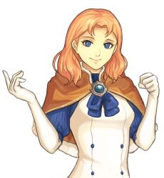 Rule 34 | annette fantine dominic, blue eyes, breasts, brooch, capelet, dress, fire emblem, fire emblem: three houses, fire emblem echoes: shadows of valentia, gloves, highres, jewelry, looking at viewer, medium hair, nintendo, orange capelet, orange hair, parody, puffy short sleeves, puffy sleeves, short sleeves, small breasts, smile, style parody, tartarbox, upper body, white dress, white gloves