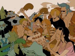 Rule 34 | ^ ^, alcohol, antlers, black hair, blonde hair, blue hair, brook (one piece), cake, closed eyes, eating, eyewear on head, food, franky (one piece), gills, green hair, grin, guitar, highres, horns, instrument, jinbe (one piece), meat, monkey d. luffy, music, nami (one piece), nico robin, numata (oioioioiai), one piece, orange hair, party, playing instrument, reindeer antlers, roronoa zoro, sanji (one piece), smile, sunglasses, tony tony chopper, usopp