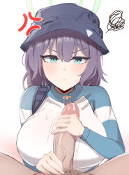 Rule 34 | 1boy, 1girl, absurdres, anger vein, blue archive, breasts, bucket hat, green eyes, halo, handjob, has bad revision, has censored revision, hat, hetero, highres, kisa (leg3043), large breasts, large penis, looking at viewer, male pubic hair, penis, pov, pov crotch, precum, pubic hair, purple hair, saki (blue archive), squiggle, v-shaped eyebrows, veins, veiny penis