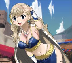 Rule 34 | 1girl, belly dancer, blonde hair, blue eyes, breasts, cleavage, colorized, dancer, eden&#039;s zero, gaston18, highres, large breasts, mashima hiro, midriff, navel, pelvic curtain, rebecca bluegarden, revealing clothes, smile, twintails