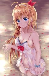 Rule 34 | 1girl, ahoge, bare arms, bare shoulders, bikini, blue eyes, blush, breasts, brown hair, cleavage, closed mouth, commentary request, flower, groin, hair between eyes, hair flower, hair ornament, hair ribbon, hairband, hand up, highres, long hair, looking at viewer, medium breasts, mizumidori, navel, pecorine (princess connect!), pecorine (summer) (princess connect!), petals, petals on liquid, princess connect!, red ribbon, ribbon, rose, smile, solo, split mouth, standing, swimsuit, very long hair, wading, water, white bikini, white hairband, yellow flower, yellow rose
