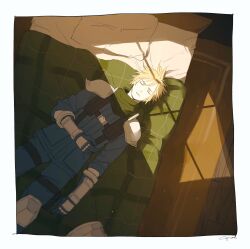 Rule 34 | 1boy, aaco, armor, blanket, blonde hair, blue pants, blue shirt, closed eyes, cloud strife, final fantasy, final fantasy vii, final fantasy vii remake, gloves, green scarf, highres, indoors, knee pads, long sleeves, lying, male focus, nibelheim, on back, on bed, pants, pillow, scarf, shinra infantry uniform, shirt, short hair, shoulder armor, solo, spiked hair, square enix