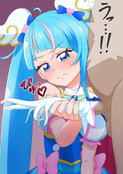 Rule 34 | 1girl, blue eyes, blue hair, blush, bow, bowtie, censored, cum, cum in clothes, cure sky, embarrassed, gloved handjob, gloves, handjob, highres, hirogaru sky! precure, looking at viewer, magical girl, mosaic censoring, multicolored hair, penis, pink bow, pink bowtie, pink hair, precure, sora harewataru, speech bubble, streaked hair, tearing up, tiler (tiler00), white gloves, winged hair ornament