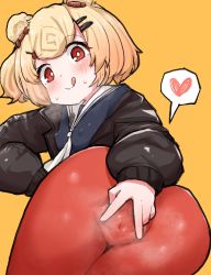 Rule 34 | 1girl, arknights, ass, blonde hair, double bun, gradient hair, gummy (arknights), hair bun, hair ornament, hairclip, heart, highres, loli kko daisuki kurabu, multicolored hair, orange background, pantyhose, pussy, pussy juice stain, red eyes, red pantyhose, sailor collar, short hair, spread pussy, spread pussy under clothes, tongue, tongue out