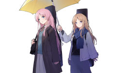 Rule 34 | 2girls, bag, bang dream!, bang dream! it&#039;s mygo!!!!!, black shirt, blue eyes, blue scarf, blue sweater vest, brown coat, brown hair, chihaya anon, chinese commentary, coat, collared shirt, commentary request, guitar case, handbag, highres, holding, holding umbrella, instrument case, jacket, long hair, multiple girls, nagasaki soyo, necktie, open clothes, open coat, open jacket, pink hair, red necktie, scarf, shirt, simple background, skirt, sweater vest, umbrella, white background, white jacket, white shirt, yellow umbrella, yun cao bing