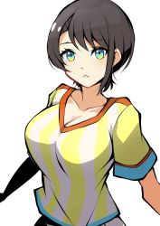 Rule 34 | 1girl, aqua eyes, breasts, brown hair, cleavage, collarbone, highres, hololive, large breasts, looking at viewer, loose clothes, loose shirt, mitosupa (qsiqydfz7nesh9w), oozora subaru, oozora subaru (1st costume), outstretched arms, oversized clothes, oversized shirt, parted lips, shirt, short hair, simple background, single sidelock, solo, striped clothes, striped shirt, swept bangs, t-shirt, upper body, v-neck, vertical-striped clothes, vertical-striped shirt, virtual youtuber, white background, white shirt, yellow shirt
