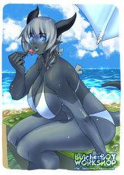 Rule 34 | 1girl, beach, bikini, blue skin, breasts, butcherboy, candy, cleavage, colored skin, day, draenei, food, glowing, glowing eyes, horns, huge breasts, lollipop, mole, mole under eye, monster girl, ocean, outdoors, plump, pointy ears, short hair, sitting, solo, swimsuit, tail, warcraft, white hair, world of warcraft