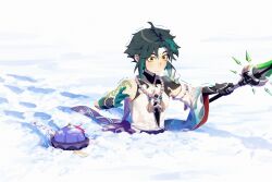 Rule 34 | 1boy, 1girl, arm tattoo, bead necklace, beads, black hair, blush, cold, day, facial mark, forehead mark, genshin impact, gloves, green hair, hat, highres, holding, holding polearm, holding weapon, jewelry, kiamonoii, multicolored hair, necklace, orange eyes, outdoors, polearm, primordial jade winged-spear (genshin impact), purple hair, purple headwear, qingdai guanmao, qiqi (genshin impact), shadow, snow, spear, sweat, tassel, tattoo, trembling, vision (genshin impact), wavy mouth, weapon, xiao (genshin impact)
