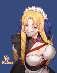 Rule 34 | 1girl, apron, bdsm, blonde hair, bondage, bound, bound arms, bow, breasts, cleavage, fate/stay night, fate (series), gag, improvised gag, k52, long hair, luviagelita edelfelt, maid, maid apron, maid headdress, pink bow, solo, tape, tape gag, twintails