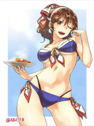 Rule 34 | 10s, 1girl, abo (hechouchou), alternate hairstyle, ashigara (kancolle), bikini, blue bikini, breasts, brown eyes, brown hair, contrapposto, cowboy shot, curry, curry rice, food, gradient background, hairband, kantai collection, large breasts, long hair, looking at viewer, md5 mismatch, navel, one eye closed, ponytail, rice, solo, standing, sweat, swimsuit, twitter username