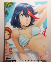 Rule 34 | 2girls, abs, arms behind head, art tools in frame, artist name, beach, beach umbrella, bikini, black hair, blue bikini, blue eyes, blue sky, blunt bangs, bob cut, breasts, brown hair, can, closed mouth, cloud, collarbone, cumulonimbus cloud, day, drink, drink can, elbow rest, frown, highres, holding, holding can, holding drink, horizon, kill la kill, lips, looking at viewer, lounging, lying, mankanshoku mako, marker (medium), matoi ryuuko, medium breasts, multicolored hair, multiple girls, navel, nose, ocean, omar dogan, on stomach, one-piece swimsuit, outdoors, palm tree, photo (medium), photoshop (medium), pink one-piece swimsuit, pursed lips, red hair, sand, short hair, signature, sky, smile, soda can, solo, solo focus, streaked hair, striped bikini, striped clothes, swimsuit, symbol-shaped pupils, toned, towel, traditional media, tree, two-tone hair, umbrella, v-shaped eyebrows, white bikini