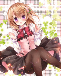 Rule 34 | 1girl, :d, black pantyhose, blouse, blush, brown hair, buttons, clenched hands, clover, flower, frilled sleeves, frills, gochuumon wa usagi desu ka?, hair ornament, hairclip, hoto cocoa, knees together feet apart, long sleeves, looking at viewer, neck ribbon, nogi takayoshi, open mouth, pantyhose, pink vest, plaid, plaid background, purple eyes, rabbit house uniform, red ribbon, ribbon, shirt, short hair, skirt, smile, solo, uniform, vest, white shirt