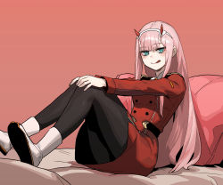 Rule 34 | 1girl, :q, black pantyhose, blush, boots, closed mouth, collar, collared jacket, commentary, darling in the franxx, gogalking, green eyes, hair between eyes, hair ornament, hairband, highres, horns, jacket, long hair, long jacket, long sleeves, looking at viewer, military, military uniform, oni horns, pantyhose, pink hair, red background, red horns, red jacket, sidelocks, simple background, sitting, smile, solo, tongue, tongue out, uniform, white footwear, white hairband, zero two (darling in the franxx)