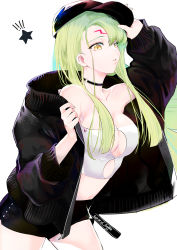 Rule 34 | !, !!, 1girl, absurdres, arm up, baseball cap, black choker, black jacket, black shorts, breasts, c.c., choker, cleavage cutout, clothing cutout, code geass, collarbone, crop top, facial mark, forehead mark, from side, geass, green hair, hand on headwear, hat, highres, jacket, leaning forward, long hair, medium breasts, midriff, navel, noppo, parted lips, short shorts, shorts, simple background, solo, star (symbol), stomach, straight hair, white background, yellow eyes