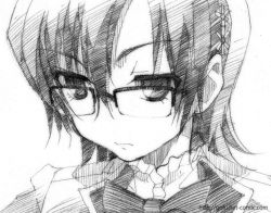 00s glasses gofu greyscale kiri_nanami maria_holic monochrome school_uniform short_hair sketch solo traditional_media