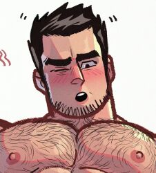 Rule 34 | 1boy, :o, bara, beard stubble, black hair, blush, chest hair, close-up, facial hair, hairy, highres, huge eyebrows, large pectorals, lucas lee, male focus, motion lines, muscular, muscular male, nipples, nude, one eye closed, paid reward available, pectorals, scott pilgrim (series), scott pilgrim takes off, short hair, smile, solo, stubble, thedamnthinguy, upper body