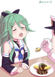 Rule 34 | 1boy, 1girl, admiral (kancolle), black bow, blue neckerchief, blush, bow, closed eyes, detached sleeves, feeding, food, green hair, hair between eyes, hair bow, hair ornament, hairclip, hat, holding, holding spoon, kantai collection, long hair, misumi (niku-kyu), neckerchief, omelet, omurice, open mouth, plate, ponytail, round teeth, spoon, table, teeth, white background, yamakaze (kancolle)