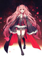 Rule 34 | 10s, 1girl, bare shoulders, black footwear, black thighhighs, boots, breasts, cleavage, detached sleeves, dress, gradient background, highres, krul tepes, long hair, owari no seraph, pink hair, pointy ears, red eyes, small breasts, smile, solo, srb7606, thigh boots, thighhighs, vampire, very long hair