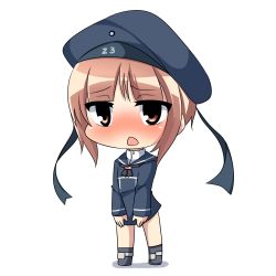 Rule 34 | 10s, 1girl, blush, brown eyes, brown hair, chibi, clothes writing, dress, hat, kantai collection, sailor dress, sailor hat, short hair, simple background, solo, triangle mouth, twumi, white background, z3 max schultz (kancolle)