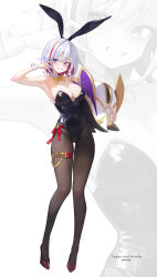 1girl alternate_costume animal animal_ears bare_shoulders black_leotard black_pantyhose bow bowtie breasts character_name commentary covered_navel detached_collar fake_animal_ears full_body high_heels highres holding holding_animal honkai:_star_rail honkai_(series) large_breasts leotard multicolored_hair numby_(honkai:_star_rail) open_mouth pantyhose playboy_bunny rabbit_ears red_footwear red_hair s0104y short_hair smile strapless strapless_leotard topaz_(honkai:_star_rail) trotter_(honkai:_star_rail) twitter_username two-tone_eyes two-tone_hair v v_over_eye white_background white_hair wrist_cuffs yellow_bow yellow_bowtie zoom_layer