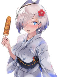 Rule 34 | 1girl, alternate costume, blue eyes, blush, breasts, collarbone, corn, corn cob, cowboy shot, flower, hair flower, hair ornament, hair over one eye, hairclip, hamakaze (kancolle), japanese clothes, kantai collection, kimono, large breasts, looking at viewer, mask, mask on head, obi, open mouth, print kimono, sash, short hair, silver hair, simple background, solo, white background, white kimono, yukata, yukiguni yuu