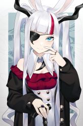 Rule 34 | 1girl, absurdres, animal ears, blue eyes, cane, closed mouth, eyepatch, grey nails, highres, jewelry, long hair, long sleeves, looking at viewer, multicolored hair, nail polish, original, red hair, ring, smile, solo, streaked hair, twintails, very long hair, wakamepiza, white hair