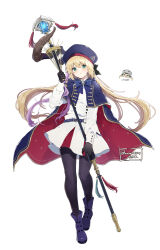 Rule 34 | 1girl, artist name, artoria caster (fate), artoria caster (first ascension) (fate), artoria caster (second ascension) (fate), artoria pendragon (fate), beret, black pantyhose, blonde hair, blue cape, blue hat, boots, cape, dress, fate/grand order, fate (series), green eyes, hat, highres, holding, holding staff, ikeuchi tanuma, pantyhose, purple footwear, red cape, sharp teeth, signature, simple background, solo, staff, teeth, twitter username, white background, white dress
