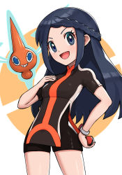 Rule 34 | bike jersey, blue eyes, blue hair, breasts, creatures (company), cycling uniform, dawn (pokemon), game freak, gen 4 pokemon, gonzarez, highres, nintendo, open mouth, poke ball, pokemon, pokemon (creature), pokemon bdsp, rotom, rotom (normal), short shorts, shorts, simple background, small breasts, white background