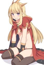 Rule 34 | 1girl, between legs, black thighhighs, blush, bow, breasts, cagliostro (granblue fantasy), cape, collarbone, commentary request, granblue fantasy, hand between legs, headgear, kneeling, long hair, looking at viewer, medium breasts, no bra, panties, purple eyes, red bow, red cape, shiseki hirame, simple background, sitting, solo, teeth, thighhighs, underboob, underwear, white background