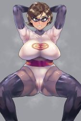 Rule 34 | 1girl, arms up, bodysuit, breasts, brown hair, cameltoe, clenched teeth, elastigirl, helen parr, highres, large breasts, mansonparesu, mature female, short hair, skin tight, solo, sonparesu, spread legs, squatting, steam, sweat, teeth, the incredibles, thick lips