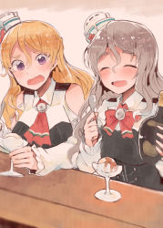Rule 34 | 10s, 2girls, ^ ^, blush, bottle, bow, bowtie, closed eyes, eyebrows, food, glass, grey hair, hair between eyes, hat, holding, holding bottle, holding spoon, ice cream, itomugi-kun, kantai collection, long hair, long sleeves, multiple girls, open mouth, pola (kancolle), purple eyes, red bow, red bowtie, shirt, spoon, thick eyebrows, very long hair, zara (kancolle)