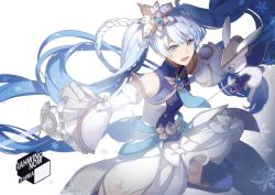 Rule 34 | 1girl, alternate costume, bare shoulders, blue eyes, blue hair, blue thighhighs, bow, braid, commentary, detached sleeves, dress, dress bow, flower, frilled sleeves, frills, hair flower, hair ornament, hatsune miku, holding, holding sword, holding weapon, leg up, light blue hair, long hair, long sleeves, looking at another, open mouth, outstretched arm, rabbit, rabbit yukine, rahwia, sleeveless, sleeveless dress, smile, snowflake print, snowflakes, sword, thighhighs, twintails, very long hair, vocaloid, weapon, white dress, white sleeves, yuki miku, yuki miku (2019) (candidate no.1)