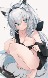 Rule 34 | 1girl, animal ears, bottomless, breasts, clothes lift, fox ears, fox girl, fox tail, full body, highres, hololive, lifting own clothes, long hair, looking at viewer, medium breasts, mikozin, naked shirt, no panties, off shoulder, oversized clothes, oversized shirt, shirakami fubuki, shirt, shirt lift, short sleeves, squatting, sweat, tail, virtual youtuber, white hair