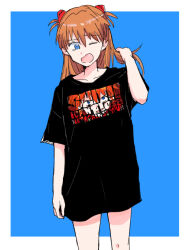 Rule 34 | 1girl, black shirt, blue eyes, breasts, commentary, commentary request, cowboy shot, english text, hair between eyes, hair ornament, long hair, looking at viewer, mutsu (layergreen), neon genesis evangelion, one eye closed, open mouth, orange hair, shirt, simple background, small breasts, solo, souryuu asuka langley