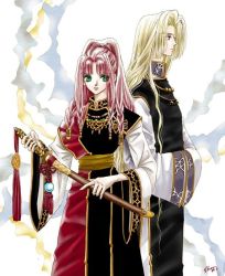 Rule 34 | 1boy, 1girl, blonde hair, braid, chinese clothes, from side, green eyes, hands in opposite sleeves, jewelry, juuni kokuki, keiki (juuni kokuki), long hair, multiple braids, nakajima youko, necklace, red hair, shiina satsuki, signature, sword, traditional clothes, tunic, weapon, wide sleeves