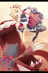 Rule 34 | 1girl, animal ears, argyle, argyle clothes, argyle legwear, black gloves, black pantyhose, blonde hair, bow, breasts, capelet, cat ears, chain, claws, cleavage, drill hair, facial mark, gloves, hair bow, highres, large breasts, letterboxed, monster, original, pantyhose, pixiv fantasia, pixiv fantasia new world, red eyes, saru, solo, stuffed animal, stuffed cat, stuffed toy, twin drills, twintails, vivi (saru), wand