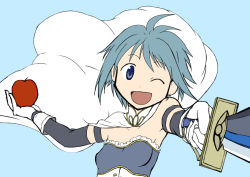 Rule 34 | 10s, 1girl, ;d, apple, armband, blue background, blue eyes, blue hair, cape, flat color, food, foreshortening, fruit, gloves, magical girl, mahou shoujo madoka magica, mahou shoujo madoka magica (anime), matching hair/eyes, miki sayaka, one eye closed, open mouth, simple background, smile, solo, sword, weapon, wink, yukimura kaname