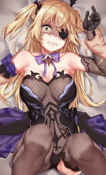 1girl armpits bare_shoulders black_pantyhose black_thighhighs blonde_hair bodysuit breasts clenched_teeth crying crying_with_eyes_open dress eyepatch fischl_(genshin_impact) fishnet_bodysuit fishnets garter_straps genshin_impact green_eyes hair_ribbon highres holding_another&#039;s_wrist jack_dempa looking_at_viewer lying medium_breasts on_back open_clothes open_dress pantyhose ribbon scared solo_focus tears teeth thighhighs twintails wide-eyed