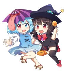 Rule 34 | 2girls, :d, basket, black dress, black hair, black hat, black legwear, blue eyes, blue hair, blue skirt, blue vest, blush, bow, bowtie, breasts, brown footwear, candy, center frills, chibi, commentary request, dress, food, frills, geta, halloween, hand up, hat, heterochromia, holding, holding basket, holding food, houjuu nue, juliet sleeves, kaoling, leg up, lollipop, long sleeves, medium breasts, multiple girls, open mouth, puffy sleeves, purple umbrella, red bow, red bowtie, red eyes, red footwear, shirt, shoes, short dress, short hair, short sleeves, simple background, skirt, skirt set, smile, star (symbol), tatara kogasa, thighhighs, thighs, tongue, tongue out, touhou, ufo, umbrella, vest, white background, white shirt, witch hat, zettai ryouiki