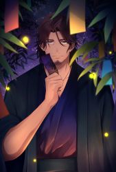 Rule 34 | 1boy, bad id, bad pixiv id, belmond banderas, brown eyes, brown hair, choco (chocovix112), closed mouth, collarbone, commentary request, facial hair, hand up, highres, holding, japanese clothes, kimono, looking at viewer, male focus, night, night sky, nijisanji, obi, open clothes, parted bangs, purple kimono, sash, sky, smile, solo, star (sky), starry sky, stubble, tanabata, tanzaku, thick eyebrows, upper body, virtual youtuber