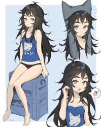 Rule 34 | 1girl, barefoot, black hair, black panties, blue eyes, blue shirt, border, breasts, character print, closed mouth, collarbone, covered navel, crate, full body, hand up, highres, legs, long hair, looking at viewer, messy hair, milka (milk4ppl), multiple views, notice lines, original, panties, parted lips, shirt, signature, siska (milka), sitting, sleeveless, sleeveless shirt, small breasts, sparkle, teeth, toes, underwear, upper teeth only, white border
