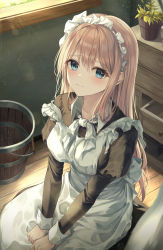 Rule 34 | 1girl, apron, black dress, blonde hair, blue eyes, blush, bow, bowtie, breasts, bucket, closed mouth, collarbone, collared shirt, commentary, desk, drawer, dress, frilled apron, frilled hairband, frills, hair between eyes, hair strand, hairband, highres, juliet sleeves, long dress, long hair, long sleeves, looking at viewer, maid, maid apron, maid headdress, medium breasts, on floor, open drawer, original, plant, potted plant, pray (furei), puffy sleeves, raised eyebrows, shirt, sidelocks, sitting, solo, sunlight, wavy mouth, white apron, white bow, white bowtie, white hairband, white shirt, white wrist cuffs, wooden bucket, wooden floor, wrist cuffs