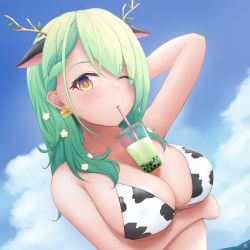 Rule 34 | 1girl, animal ears, animal print, antlers, arm behind head, arm under breasts, arm up, bikini, blue sky, blush, branch, breasts, bubble tea, bubble tea challenge, ceres fauna, cloud, cow ears, cow print, cow print bikini, cup, disposable cup, drinking straw, drinking straw in mouth, ear tag, flower, green hair, hair flower, hair ornament, highres, hololive, hololive english, horns, large breasts, leaf, long hair, looking at viewer, matcha (food), milestone celebration, mole, mole under eye, one eye closed, outdoors, print bikini, ra yun, sky, solo, swimsuit, upper body, virtual youtuber, wavy hair, white flower, yellow eyes
